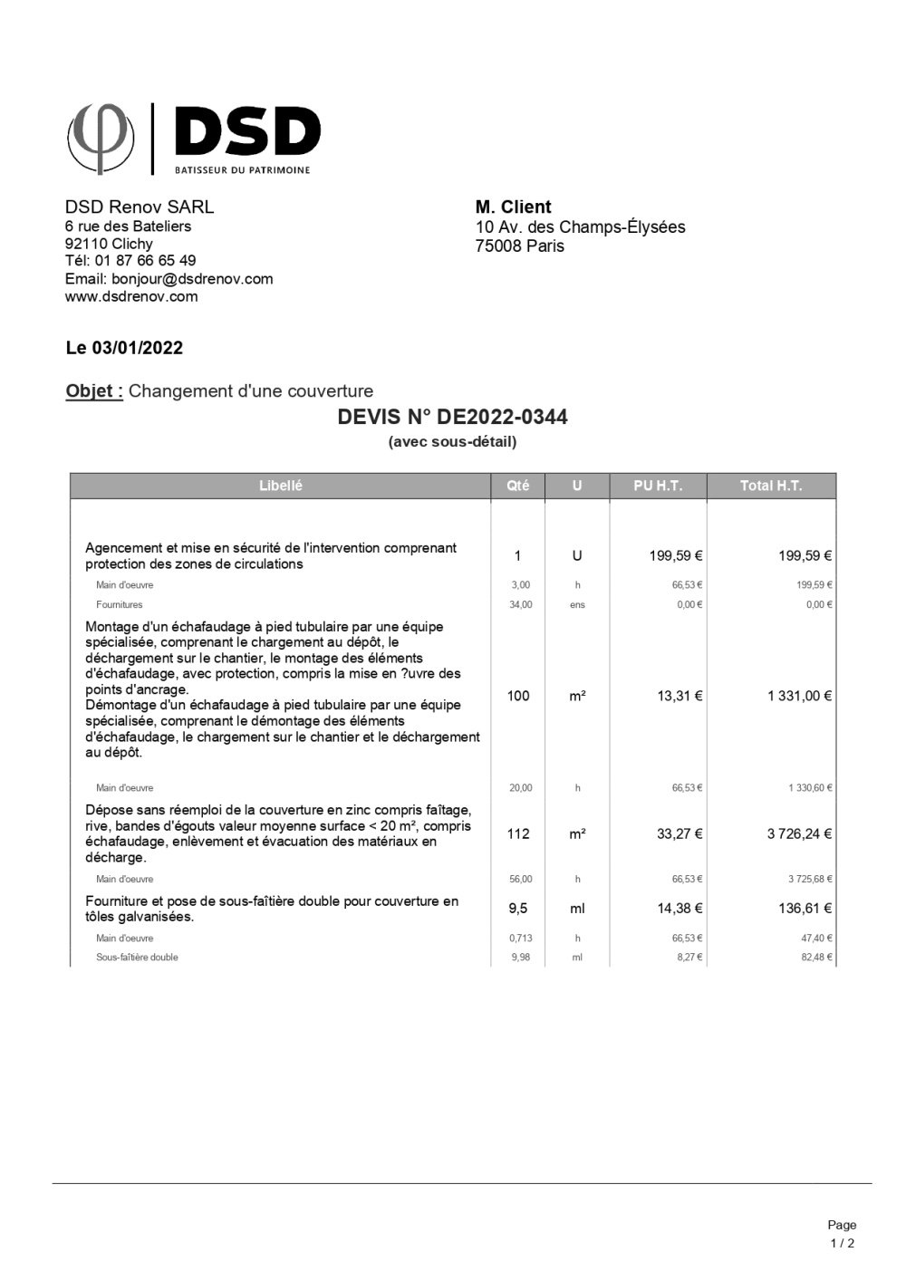 Exemple de devis toiture à Paris (1/2)