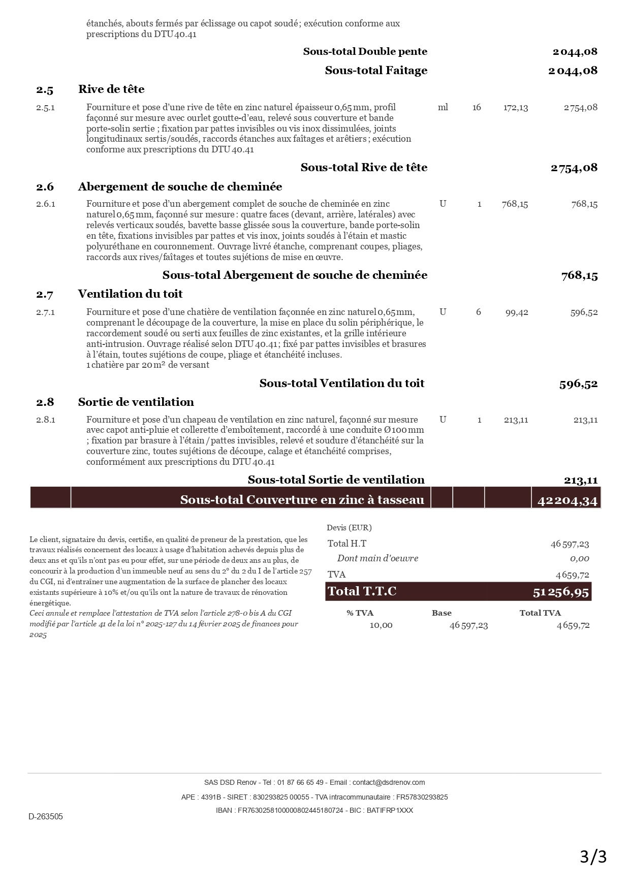 Exemple de devis de toiture en zinc Devis couvreur zingueur